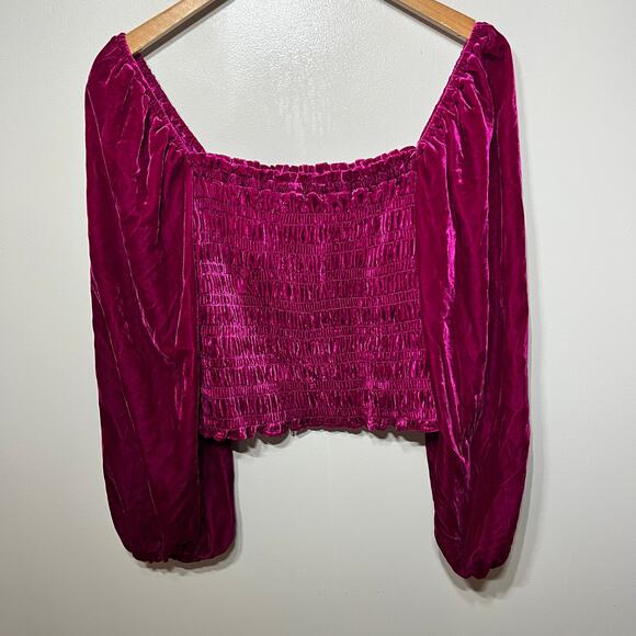 Anthropologie Top Smock Cropped Velvet Fuchsia Pink Balloon Sleeve Glam Boho M - Picture 4 of 7